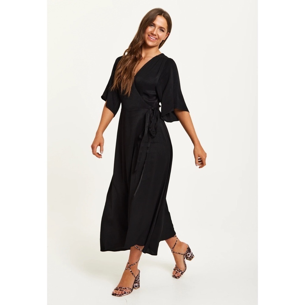 Liquorish Black Maxi Wrap Dress With Kimono Sleeves
